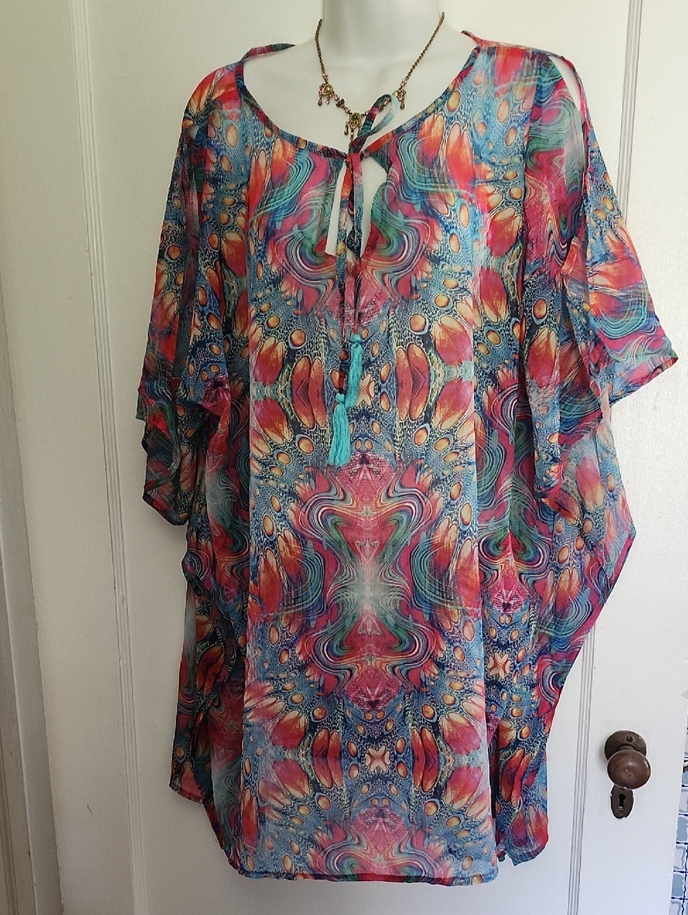 Venus Women’s Multicolor Patterned Tie-Neck Split Sleeve Bathing Suit Cover-up